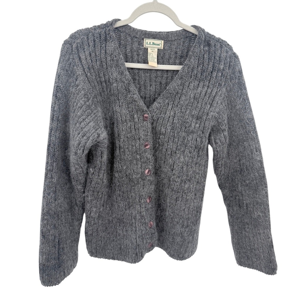 Vintage LL Bean Mohair Wool Blend Cardigan Sweater Gray Ribbed V-Neck H252 M